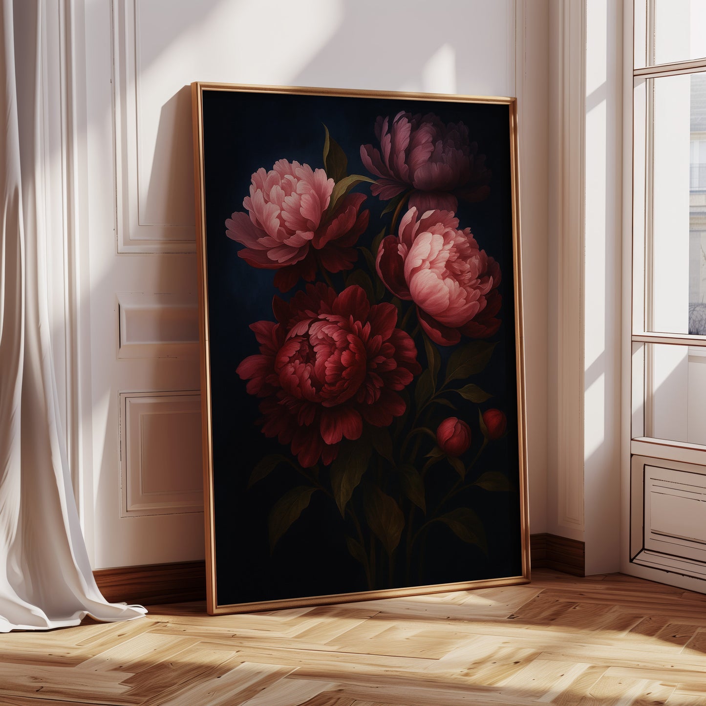 Crimson Peonies in Midnight Bloom