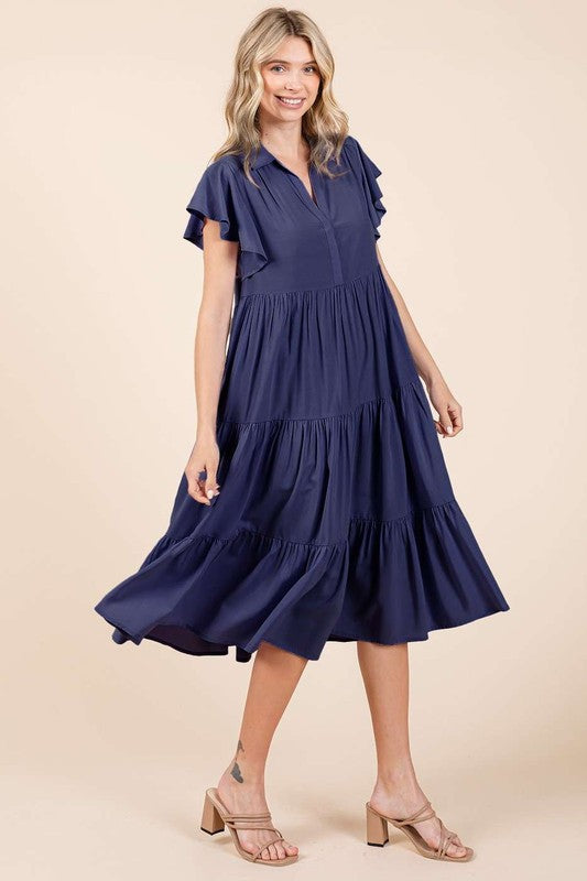 Ruffle Sleeve Collared V Neck Tiered Midi Dress For Women – Fluttering, Feminine and Polished Midi Dress with Layered Details For Any Occasion