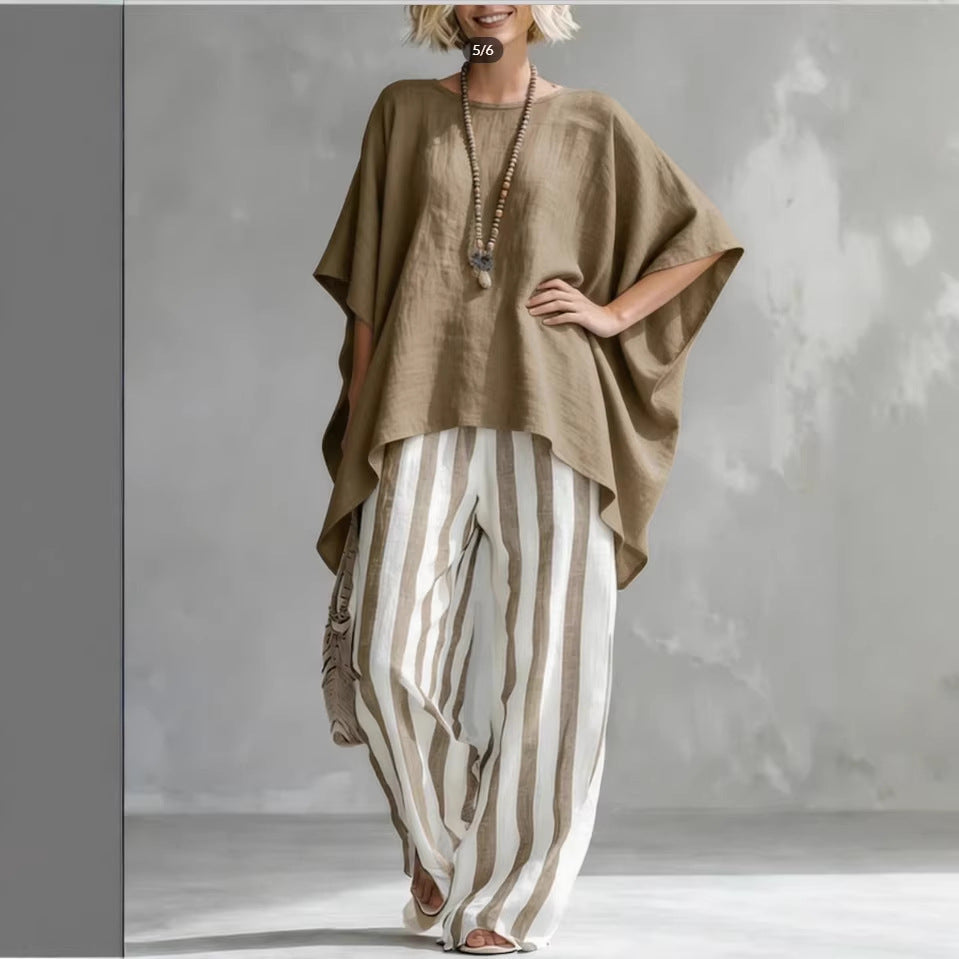 Women's Striped Batwing-Sleeve Loose Two-Piece Set