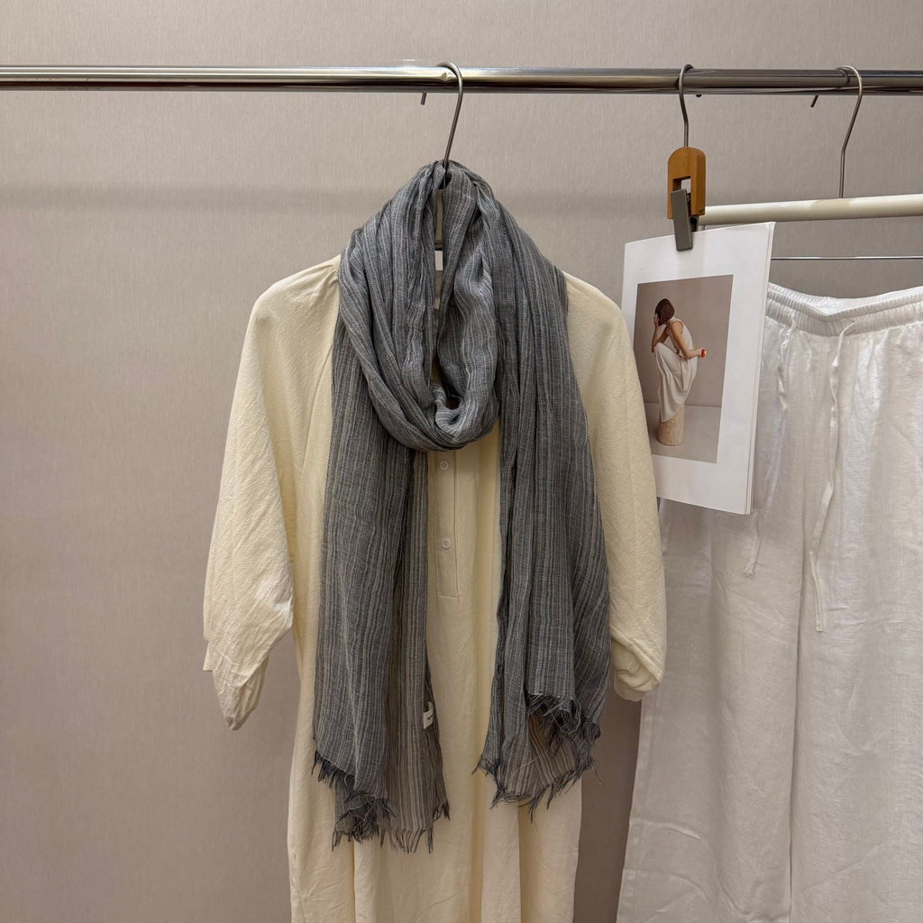 Striped Pleated Cotton-Linen Scarf