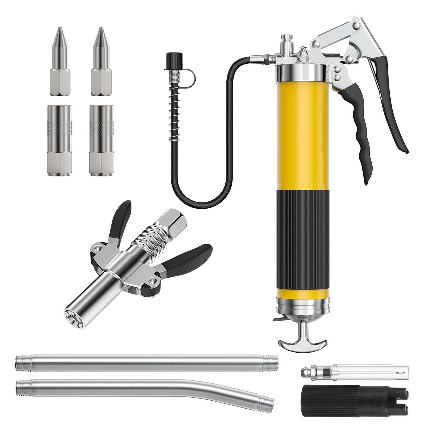 Kit pistolet graisseur pour tube de graisse de 400 g, pistolet graisseur à poignée pistolet haute pression 7000 PSI avec coupleur de verrouillage, tuyau flexible à ressort de 30 cm, coupleurs à mâchoires, buse pointue