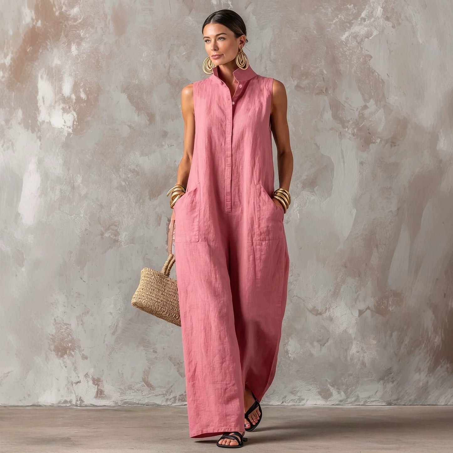 Linen Blend Sleeveless Stand-Collar Jumpsuit – 5 Colors S–3XL