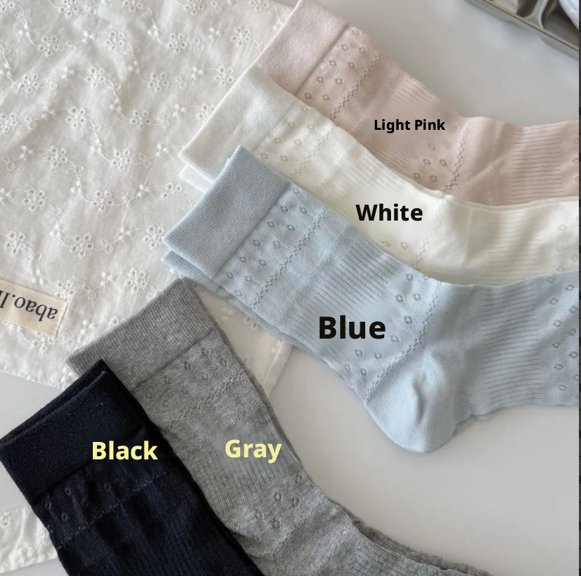 Socks-Hollowed-out flower medium tube-White-1 pair