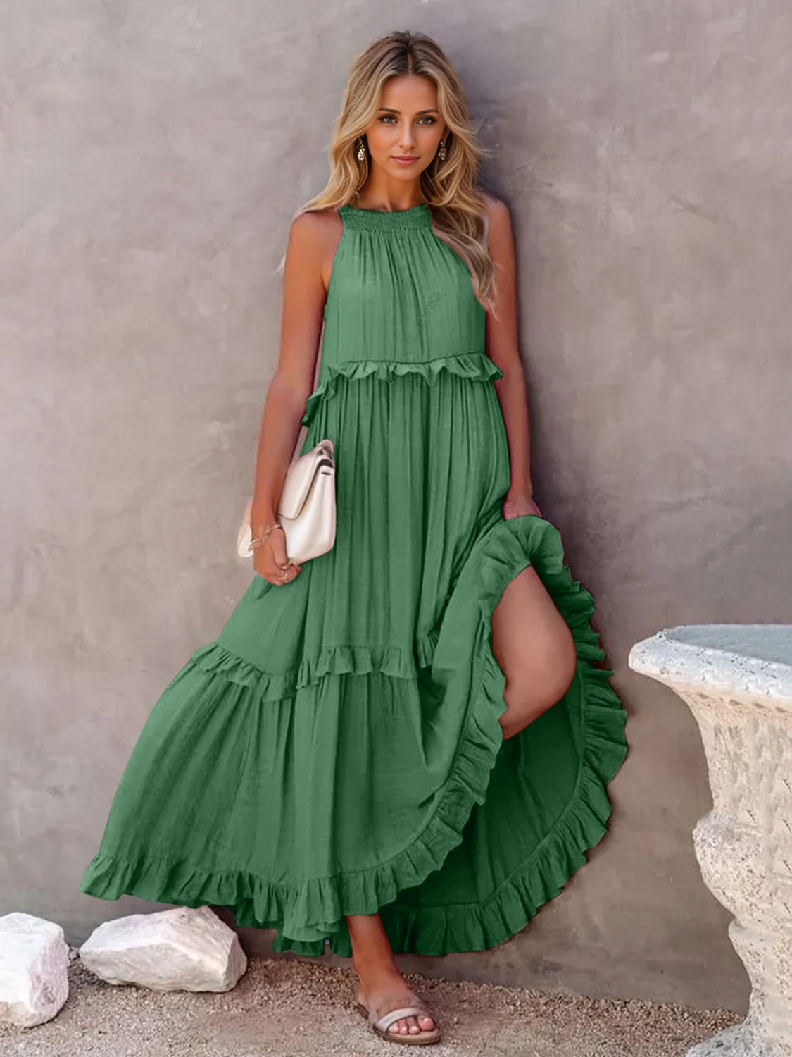 Romantic Ruffled Sleeveless Tiered Maxi Dress with Pockets Elegant & Chic Statement Beautiful Design Dress