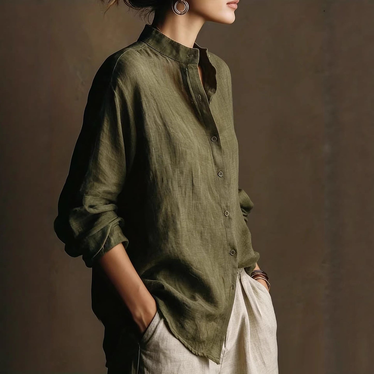 Women's Loose Cotton Linen Long Sleeve Shirt — Flip Collar