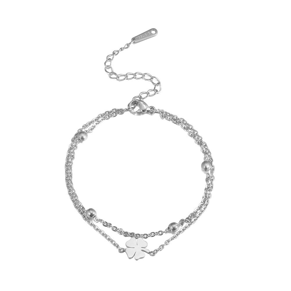 Stainless Steel Cut Clover Charm Double-layer Ankle Bracelet For Women