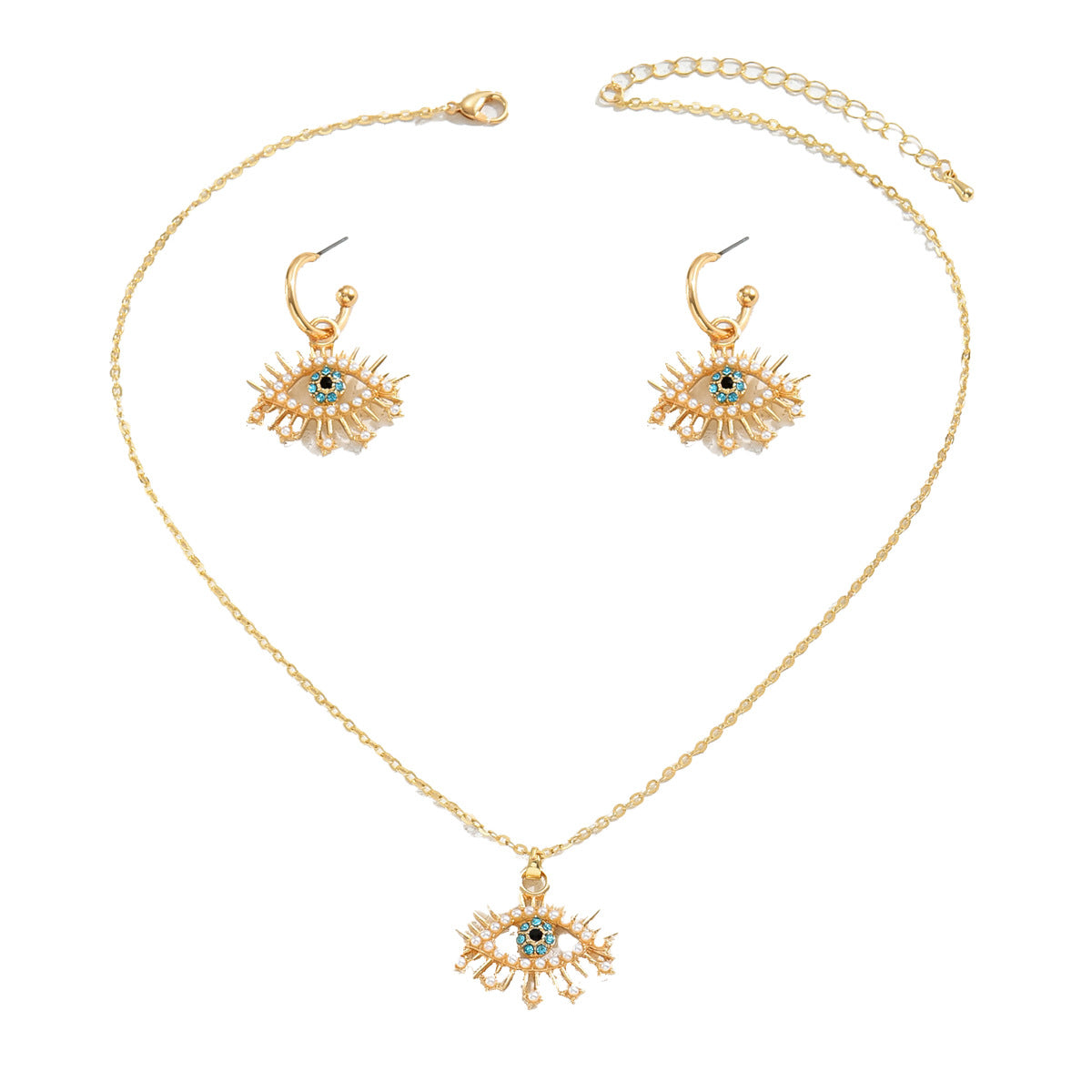 2026 New Hip Hop Women Jewelry Set, Niche Evil Eye Design Stud Earrings & Long Cubic Zirconia Inlaid Clavicle Chain