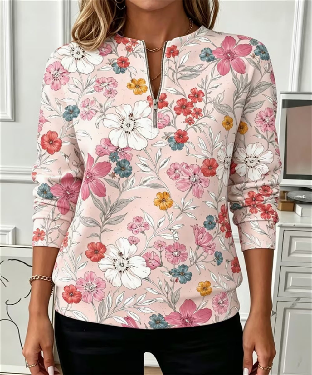 Women Half Zip Long Sleeve Sweatshirt, Gradient Cherry Blossom Floral Print Casual Pullover Top