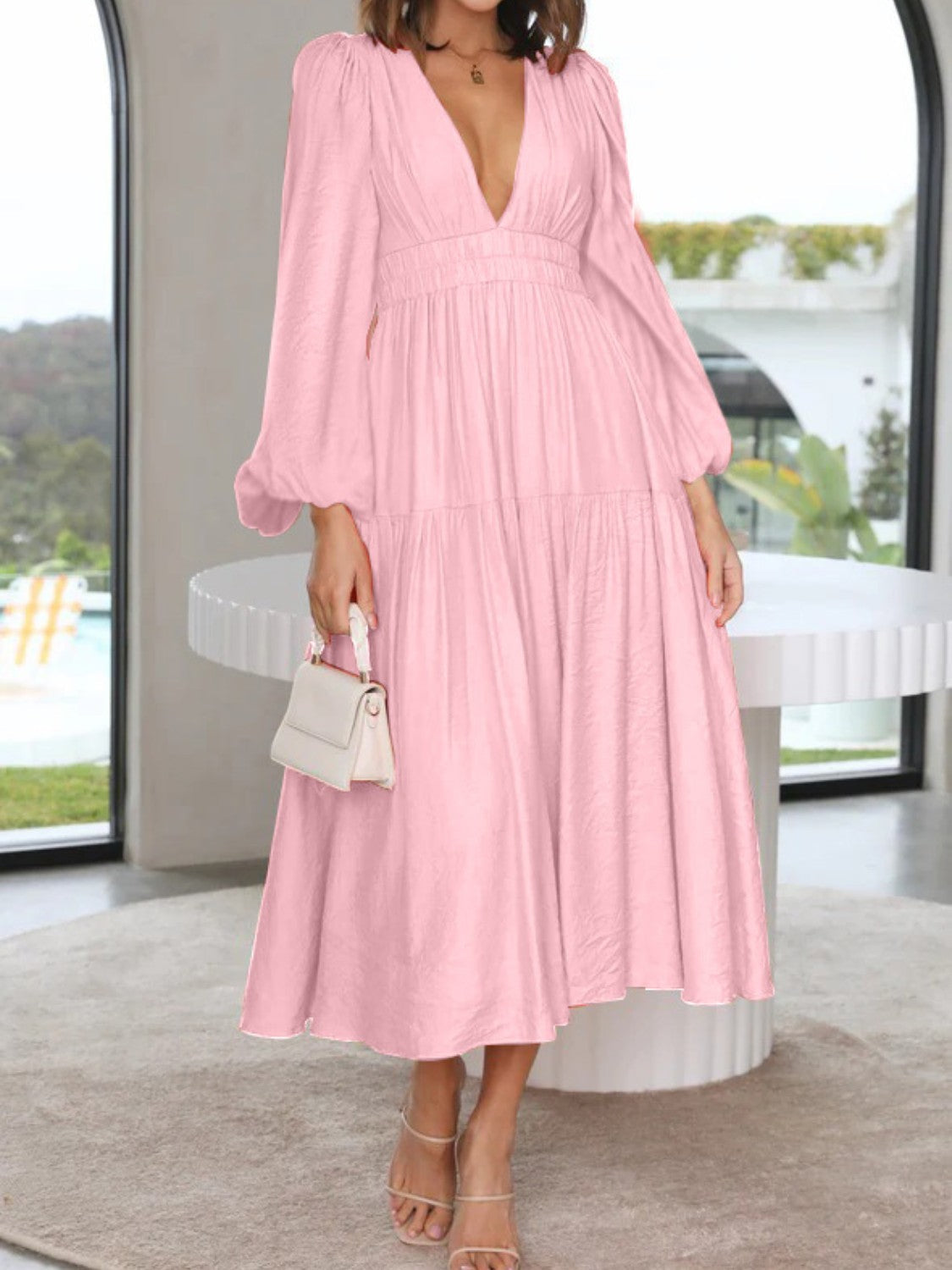 Lightweight Deep V-Neck Balloon Sleeve Maxi Dress Elegant & Flowing Silhouette Unique Dress