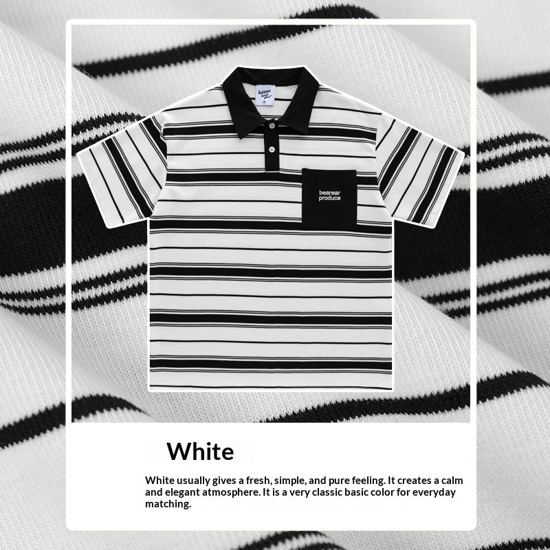 Loose-fitting Polo Shirt With A Lapel Collar Short-sleeved Striped T-shirt