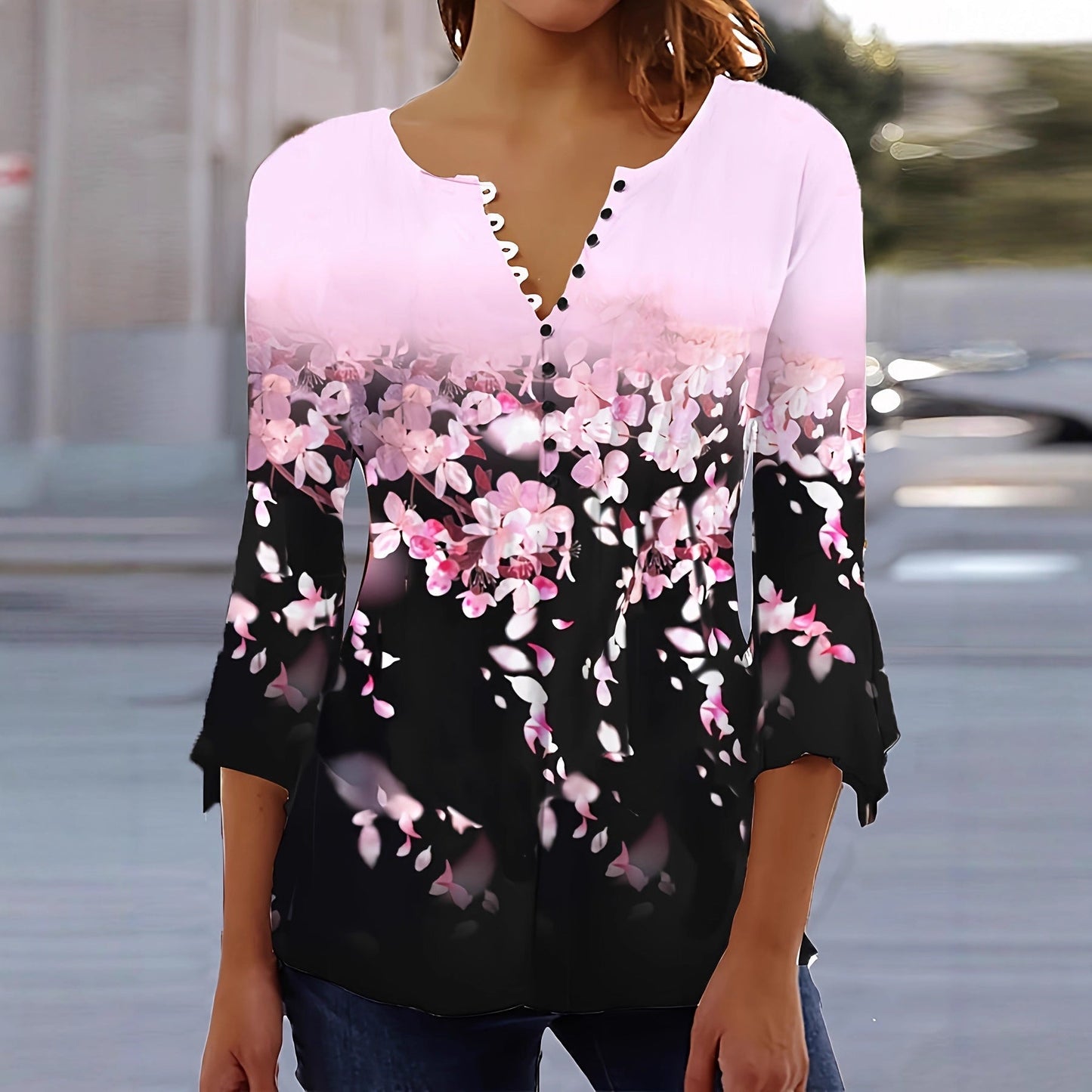 Women’s Printed Spike Button Three-Quarter Sleeve Casual Top
