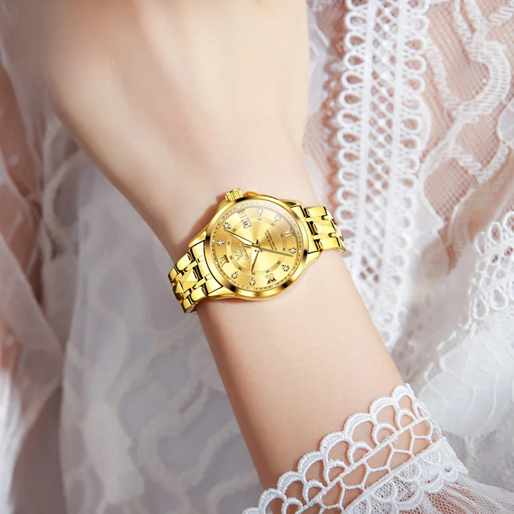 Damen Goldene Edelstahl-Armbanduhr mit kleinem Zifferblatt und Datumsanzeige