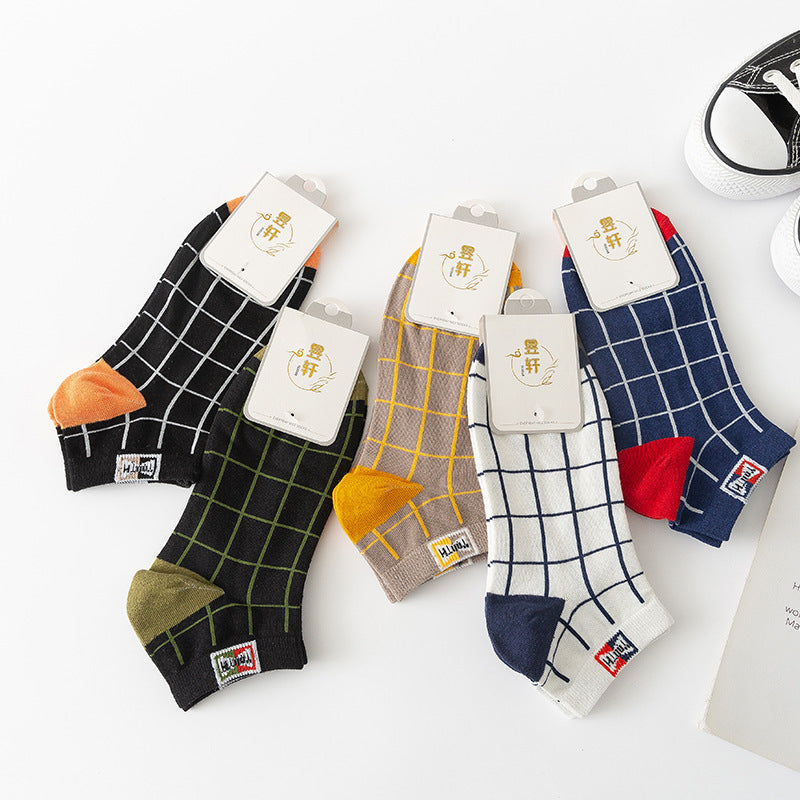 Mens Cotton Socks Plaid Pattern Low-cut All-season