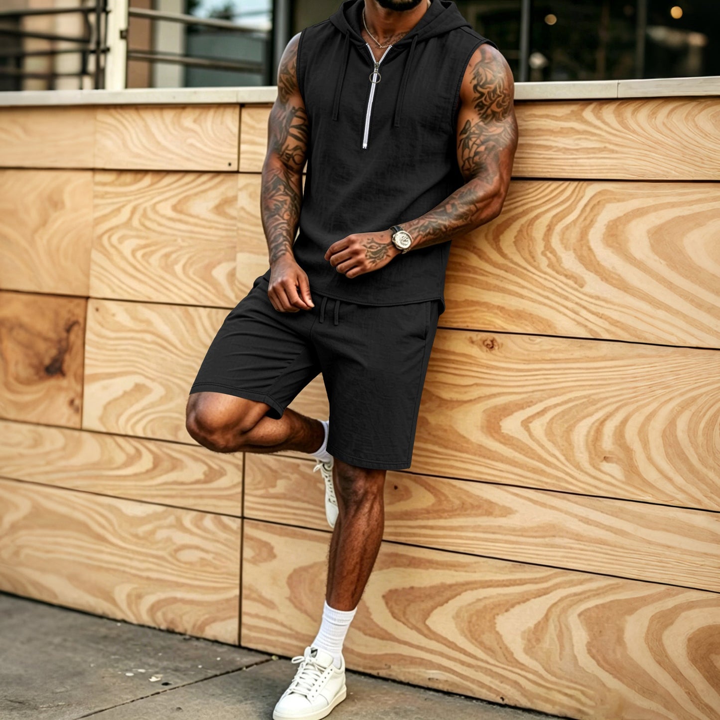 Mens Summer Loose Casual Hooded ZipUp Sleeveless Set