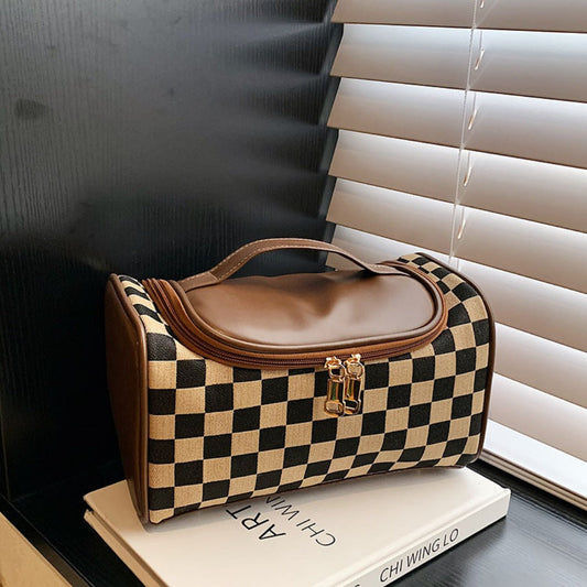 Large portable plaid cosmetic bag, large capacity toilet bag, tote zipper cosmetic storage bag, makeup bag with compartments,
