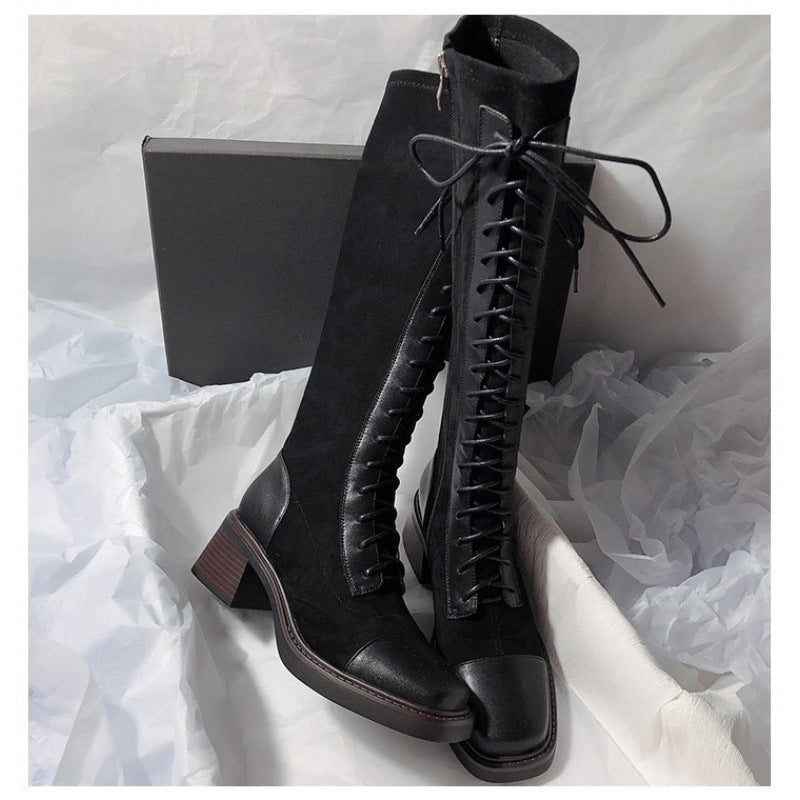 Stitched Round-toe Lace-up High-top Womens Boots