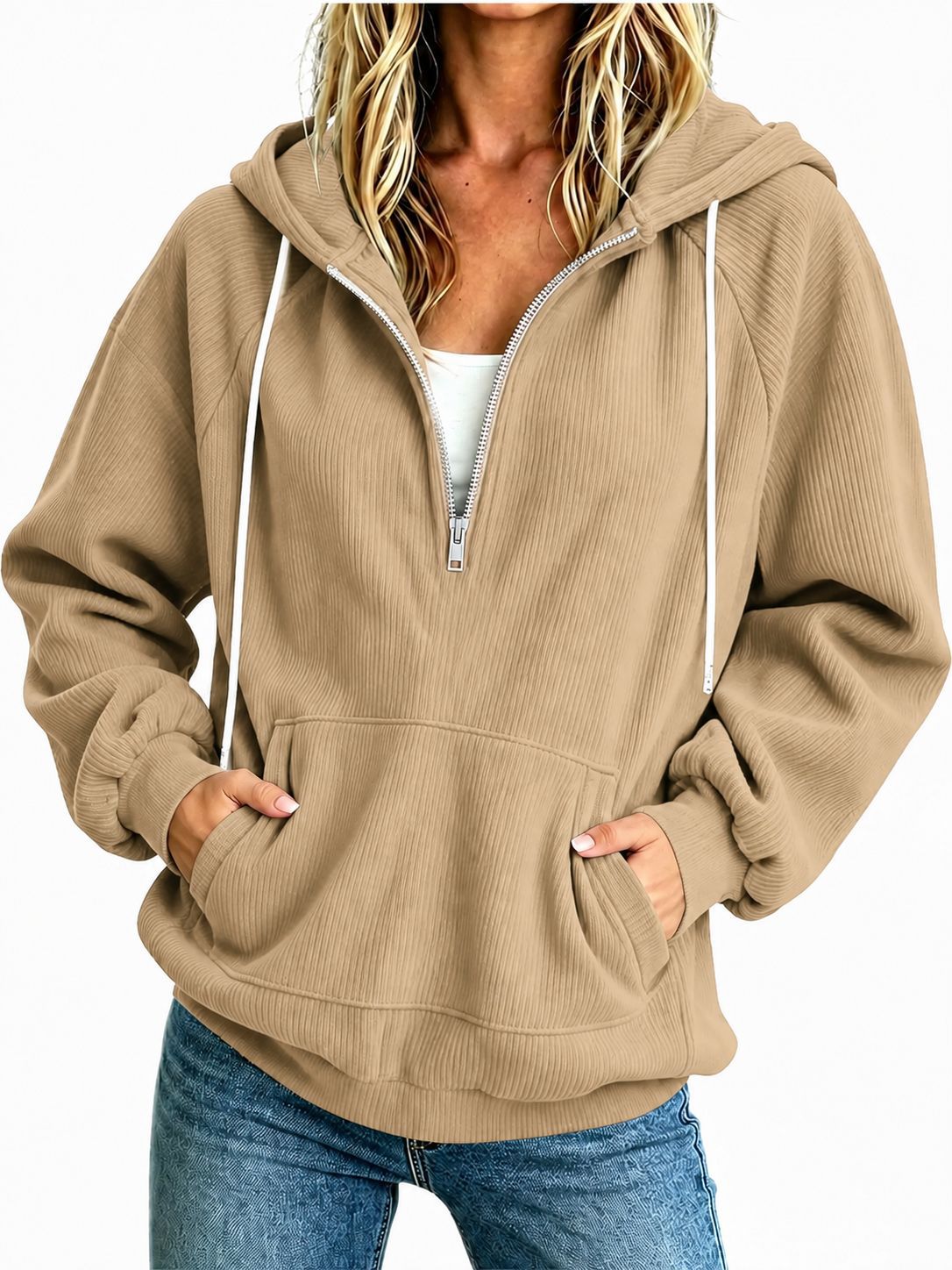 Womens Loose-fit Long-sleeve Half-zip Hooded Sweatshirt