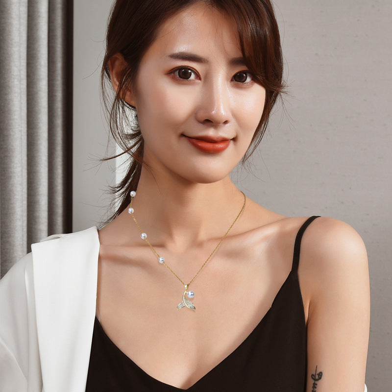 Dainty Mermaid Tail Pearl Necklace For Women, Shell Inlay Adjustable Collarbone Chain, Elegant Long Sweater Chain Ocean Fashion Jewelry