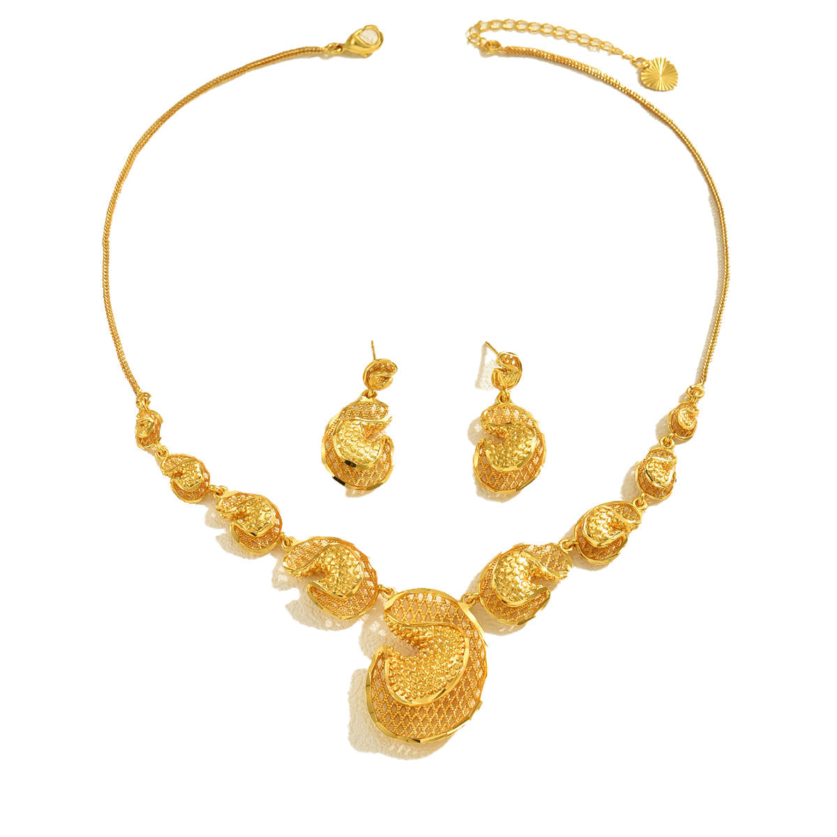 Hot Selling Cross-border European American Women 2Pcs Jewelry Set, Niche Electroplated Gold Metal Design, Light Luxury Matching Necklace & Earrings For Ladies