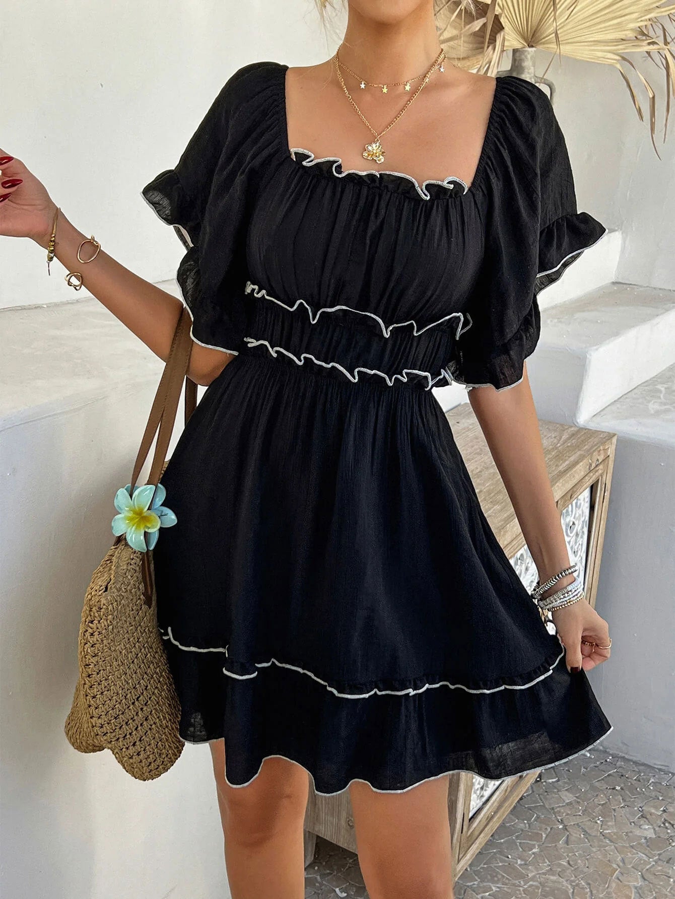Women’s French Style Square Neck Dress – Ruffled Short Sleeve Elegance