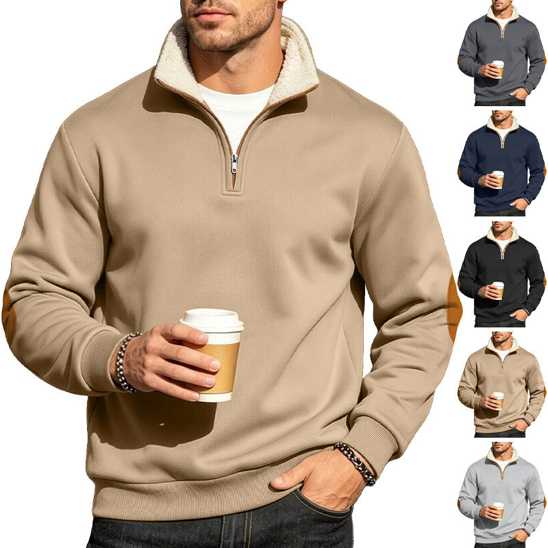 Retro Patchwork Embroidered Half-Placket Mens Long-Sleeve Sweatshirt