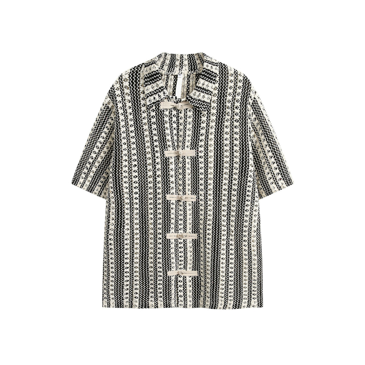 Summer Beige Black Colorblock Turnover Neck Shirt