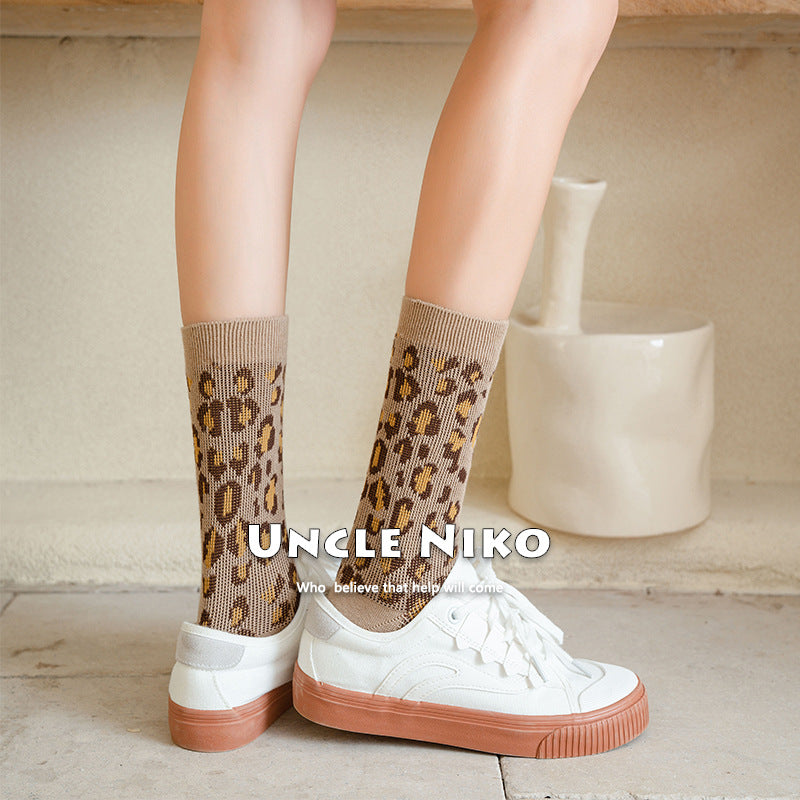 Ins Combed Cotton Mid-calf Socks Double-needle Korean-style Leopard Print