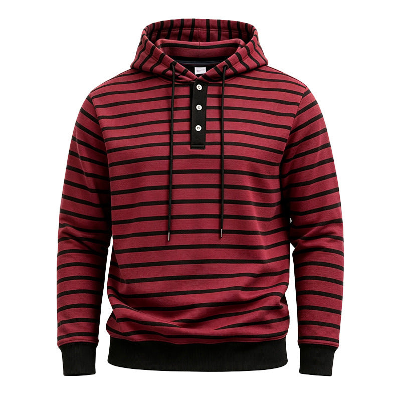 Mens Loose-Fit Striped Hoodie With Three Buttons