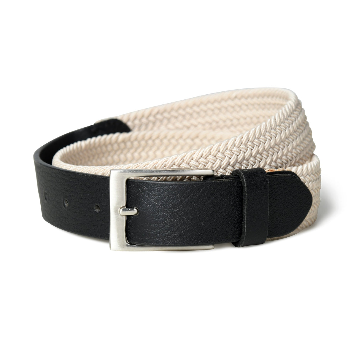 Ceinture en toile tressée crème et noire avec cuir