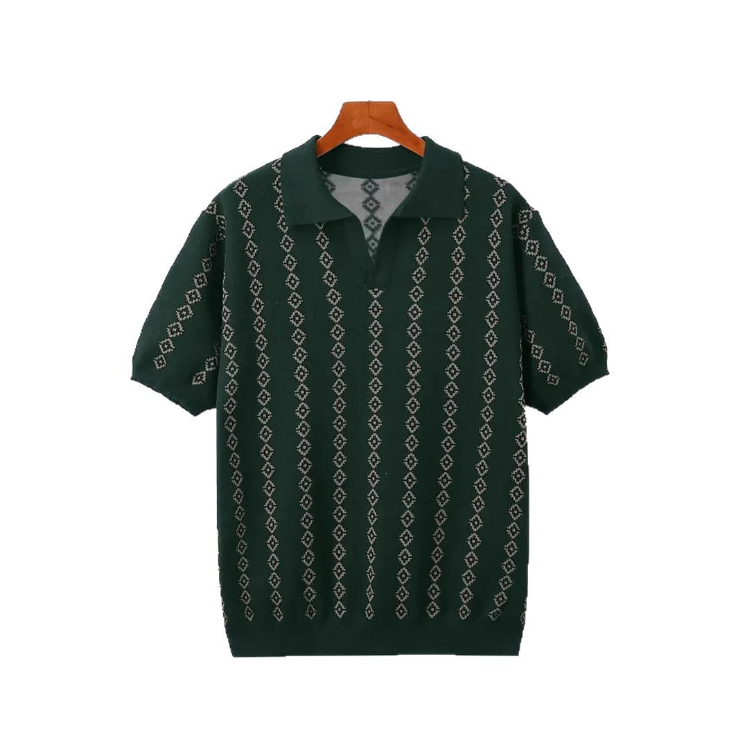 Men's Knitted Striped Polo Shirt Lapel Half Sleeve Jacquard T-shirt