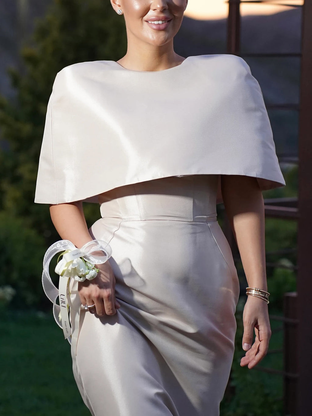 Satin Cape-style Top &Fitted Maxi Dress Set