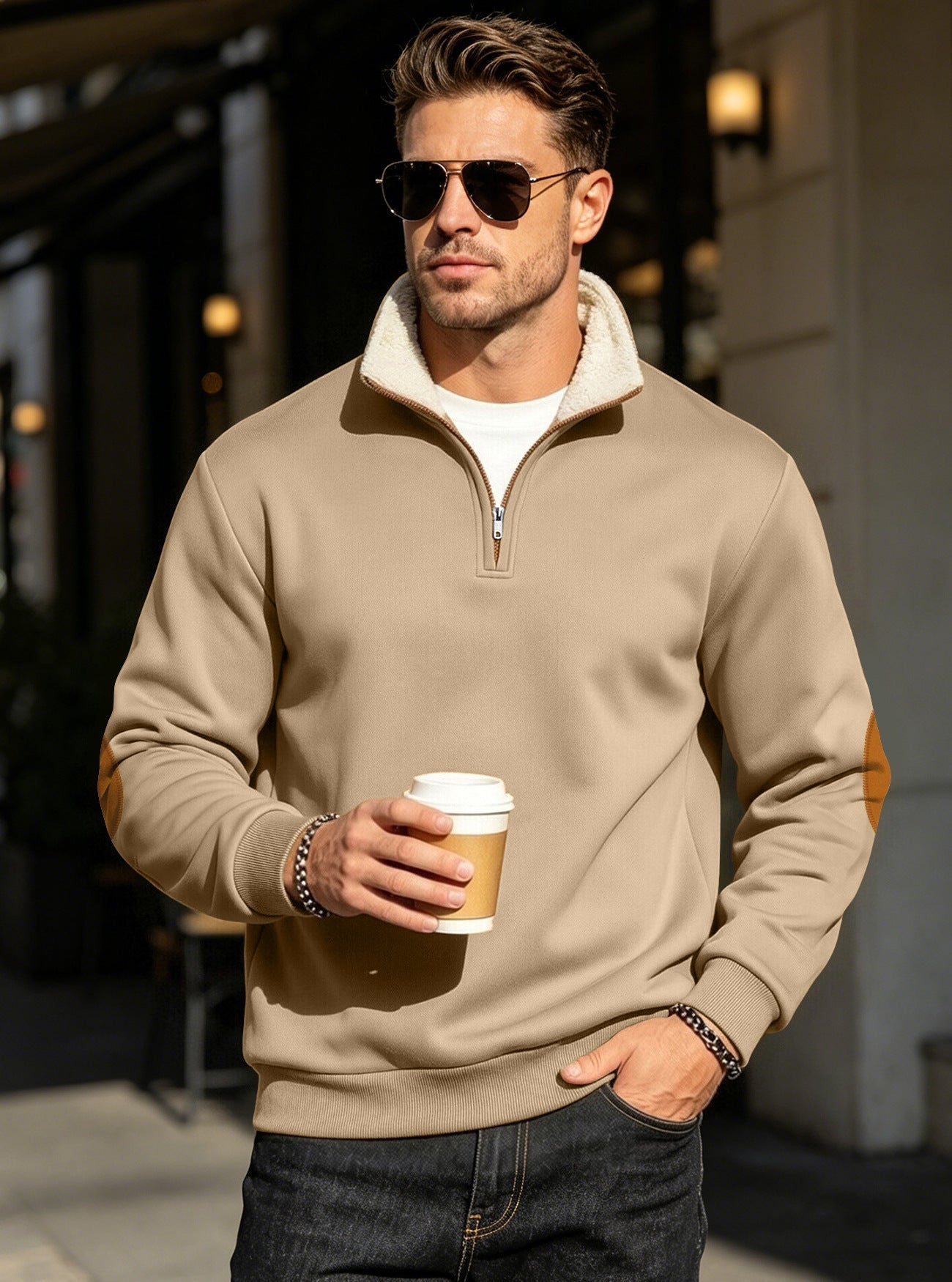 Retro Patchwork Embroidered Half-Placket Mens Long-Sleeve Sweatshirt