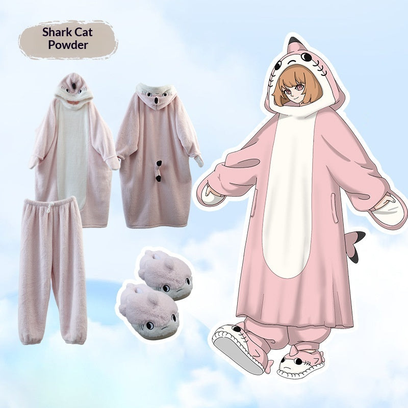 Anime Cartoon Funny Shark And Cat Onesie Pajamas Cute Cozy Loungewear Set