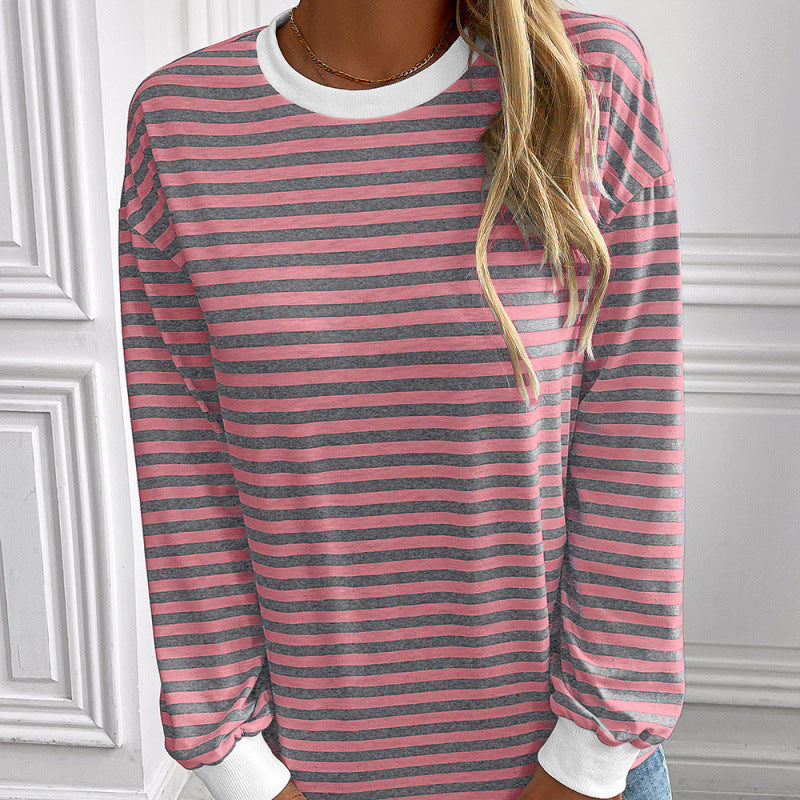 Navy Striped Crew-neck Long-sleeve Loose-fitting Top