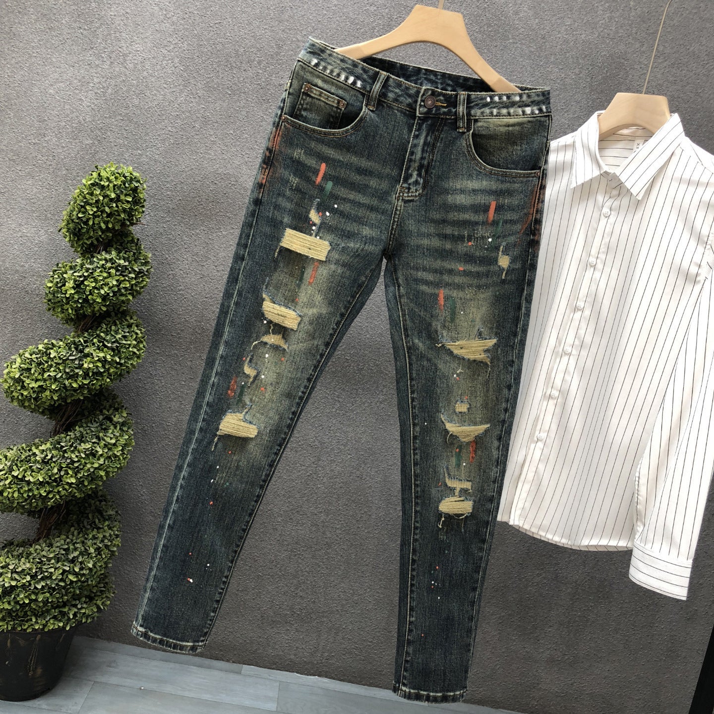 Hig Hend Paint Splatter Style Denim Jeans For Men
