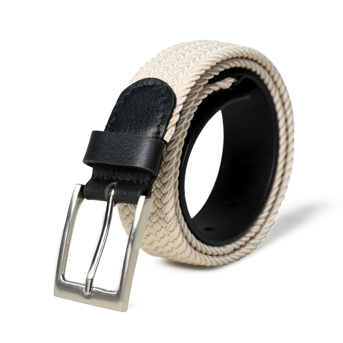 Ceinture en toile tressée crème et noire avec cuir