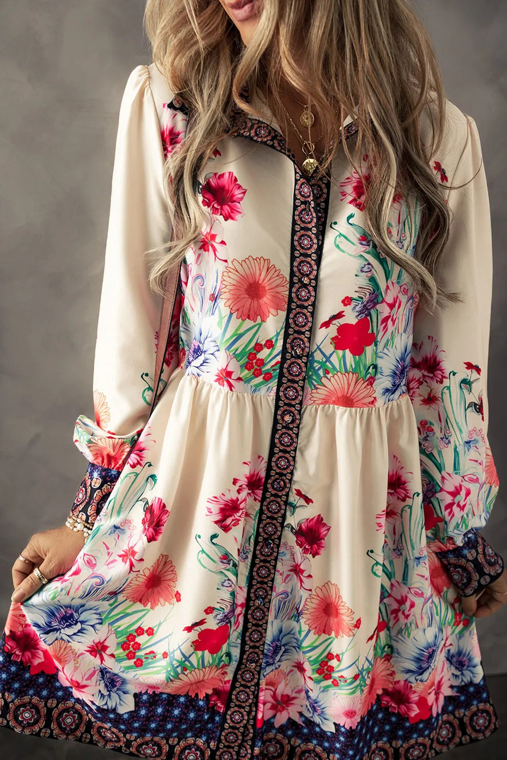 Vintage Flower Button Down Lantern Sleeve Dress Feminine Floral Dress For Women