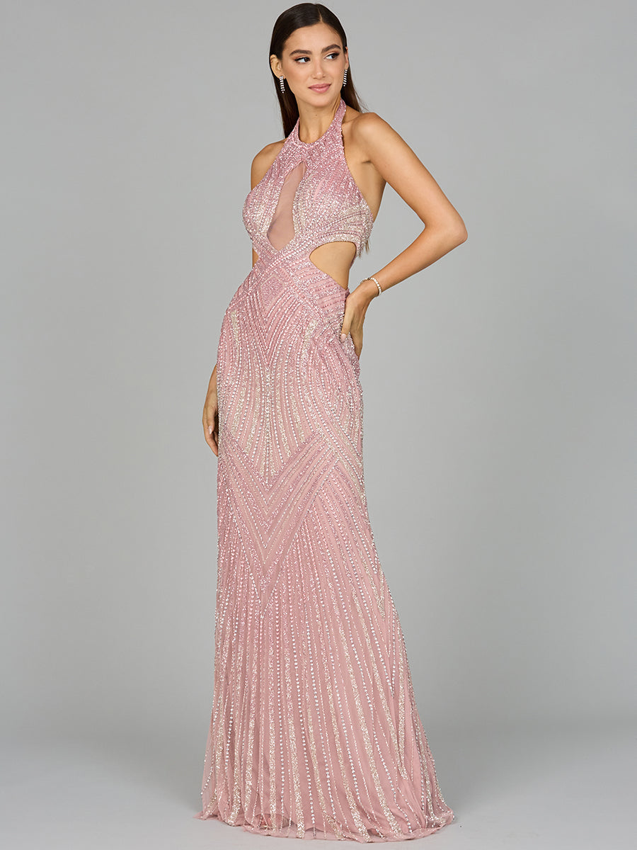 Perlenverziertes Neckholderkleid mit Cut-Outs