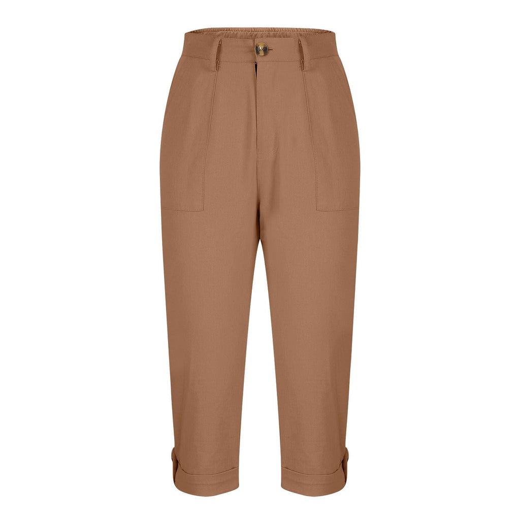 Cross-border Women's Solid Color Workwear Pants Waist Button Pants Ear Design Pants Leg Curled Women's Cropped Pants
