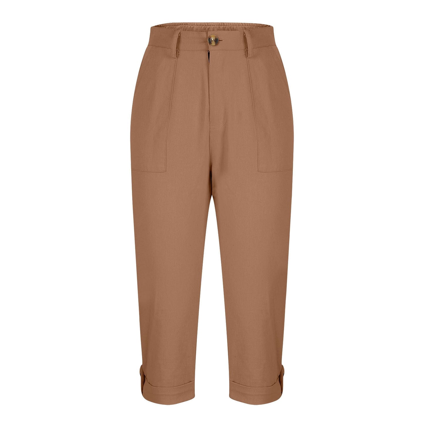Cross-border Women's Solid Color Workwear Pants Waist Button Pants Ear Design Pants Leg Curled Women's Cropped Pants