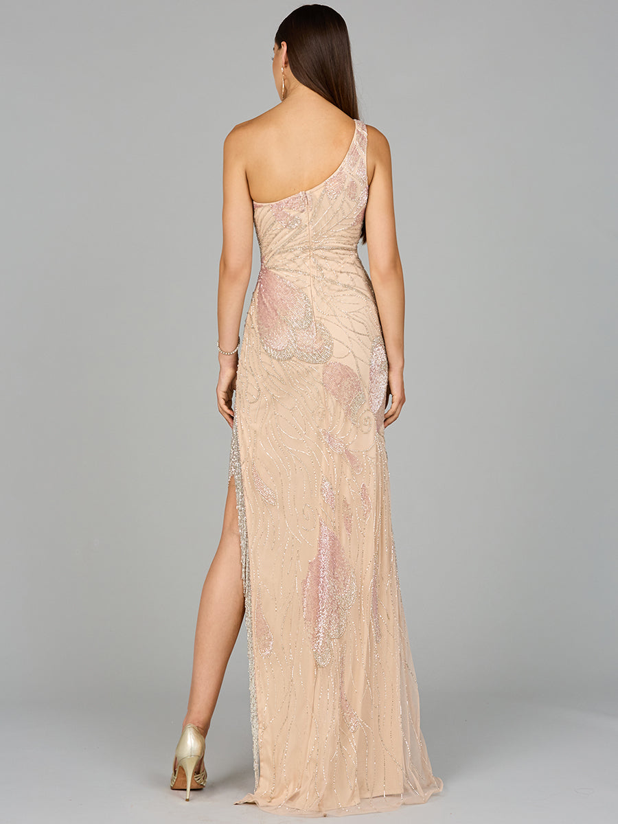 Robe du soir perlée à une épaule avec fente à franges
