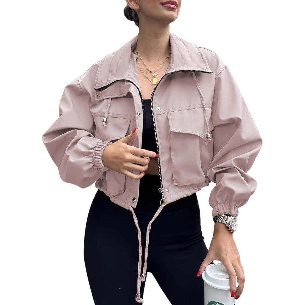 Cross-Border European And American Autum New Women's Pure Color Women's Short Jacket Zipper Windbreaker Jacket