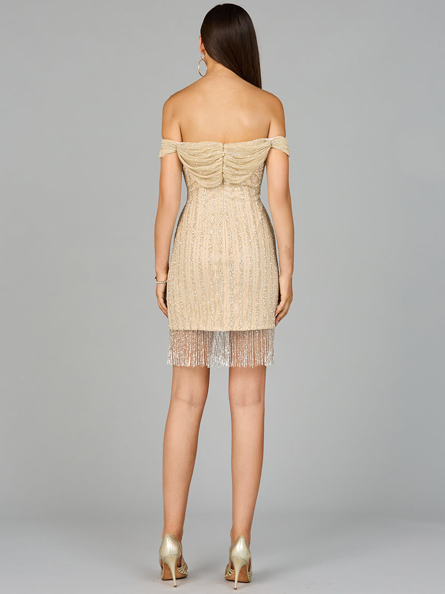 Robe portefeuille à franges et épaules dénudées