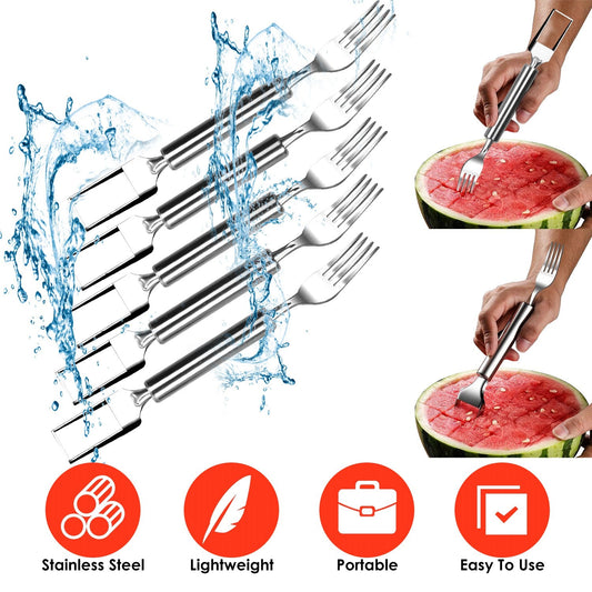 5 Stück 2-in-1 Wassermelonen-Schneider Gabel Edelstahl Dual-Kopf Wassermelonen-Fruchtschneidegabel Messer für Sommer-Familientreffen, Freundesparty, Camping