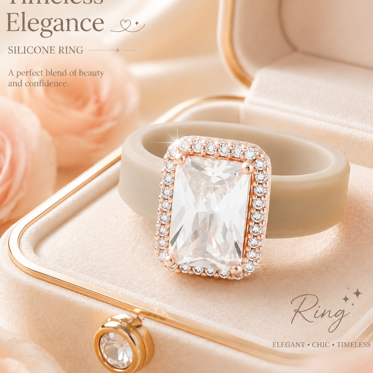 Silicone Inlaid Square Zircon Ring