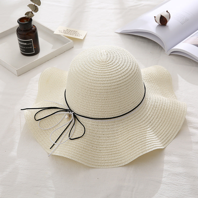 Summer Cap Black Ribbon Decorate Wavy Straw Hat For Girls Hat Kids Sun Cap Baby Beach Hats for Girls