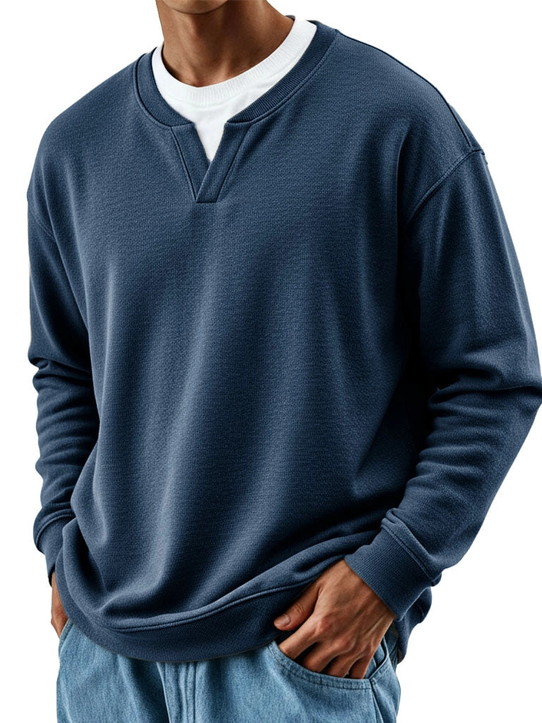 Mens Patchwork Mock Two-Piece Crew-Neck Long-Sleeve Top