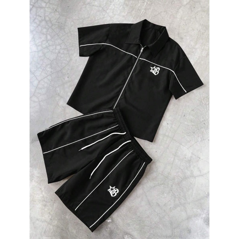 Striped Zip-front Short-sleeve Shirt And Shorts Set