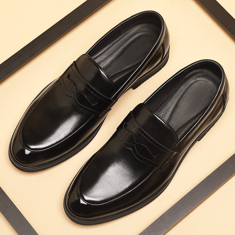 Cowhide Business Formal Wear Men's Slip-on Invisible Height Increasing Leather Shoes