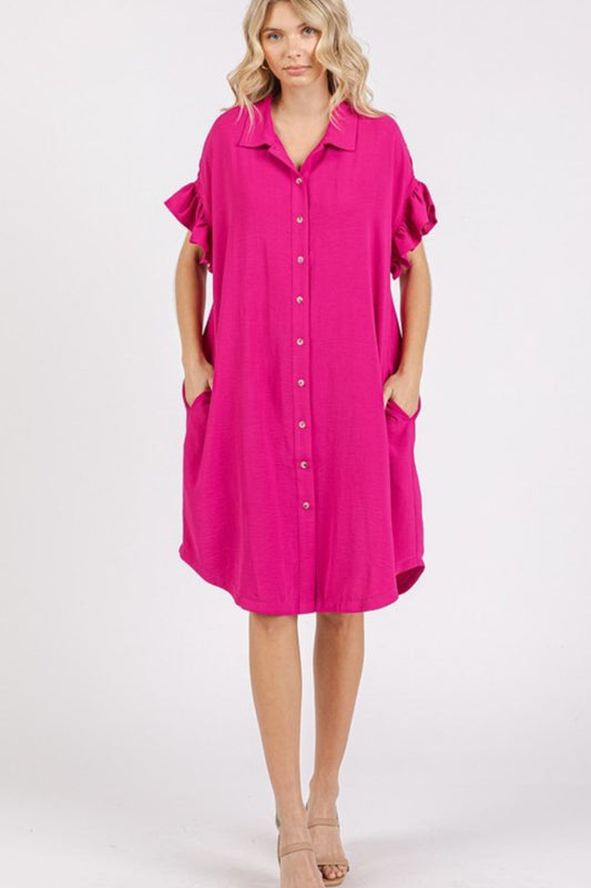 New Button Down Flounce Sleeve Dress with Pockets For Women – Trendy, Casual, Feminine, Practical & Stylish Design For Any Occasion